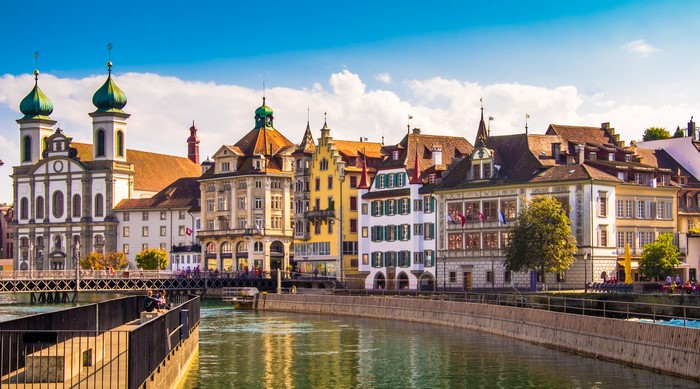 Lucerne, Switzerland Riverfront with Historic Buildings