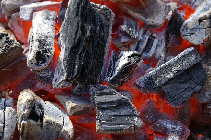 Closeup of smoldering coals and burnt wood