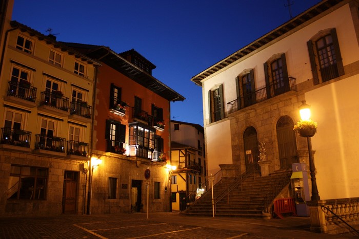 Street at night in Lekeitio, Basque Country, Spain