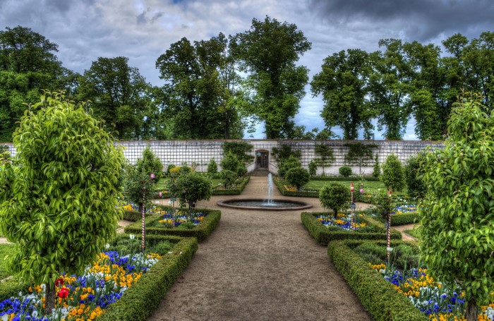 Formal Garden with Fountain and Flowers in Germany