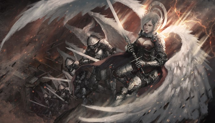 Angels and armored warriors in battle