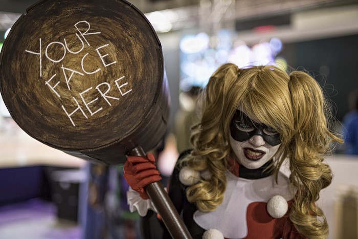 Harley Quinn Cosplayer with "Your Face Here" Mallet