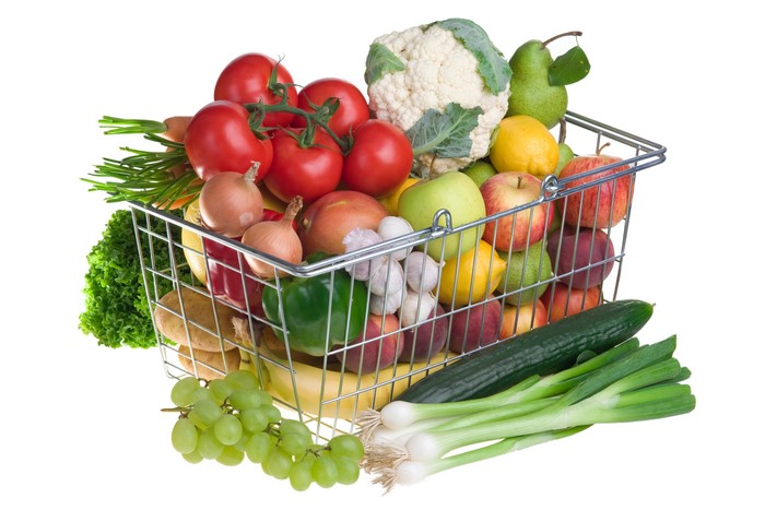 Vegetables and Fruits in a Wicker Basket