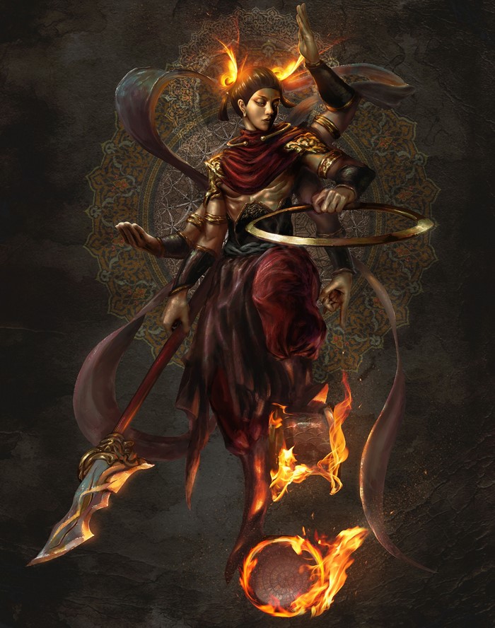 Multi-armed warrior with spear and fire