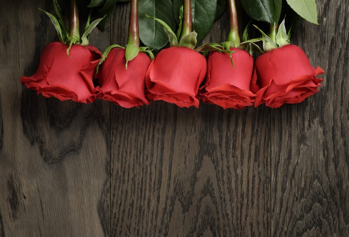 Five red roses on wood planks
