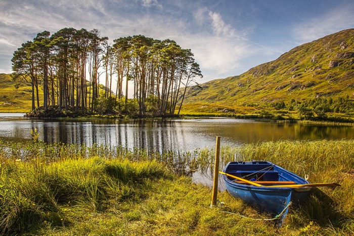 Blue rowboat on a grassy shore of a Scottish lake with trees