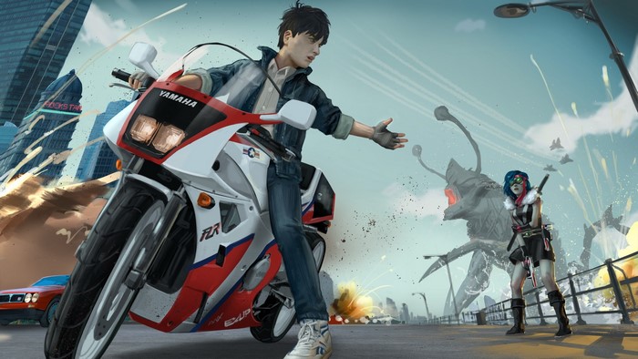 Man on Yamaha motorcycle fighting monsters