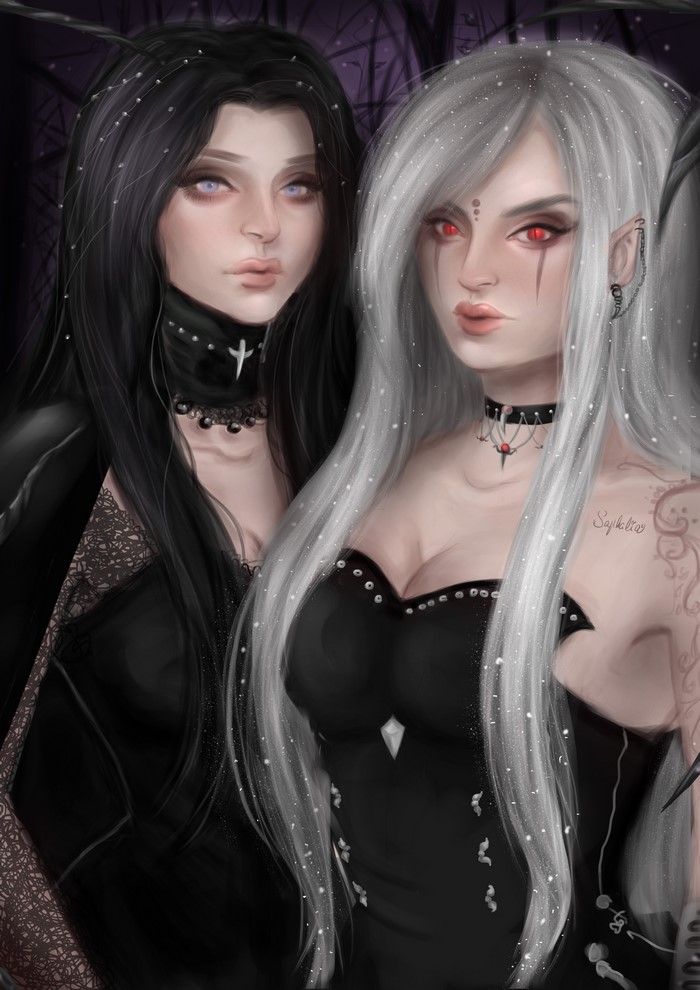 Two gothic fantasy women with dark and white hair