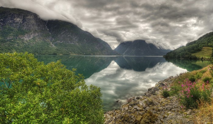 Lake Strynsvatnet, Norway, Mountains and Clouds