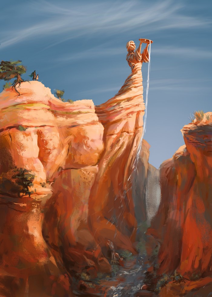 Sculpture of a woman pouring water in a desert canyon