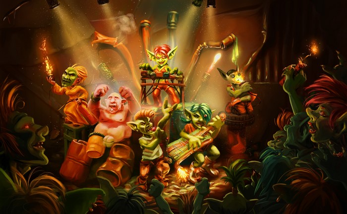 Goblins performing a concert with fireworks