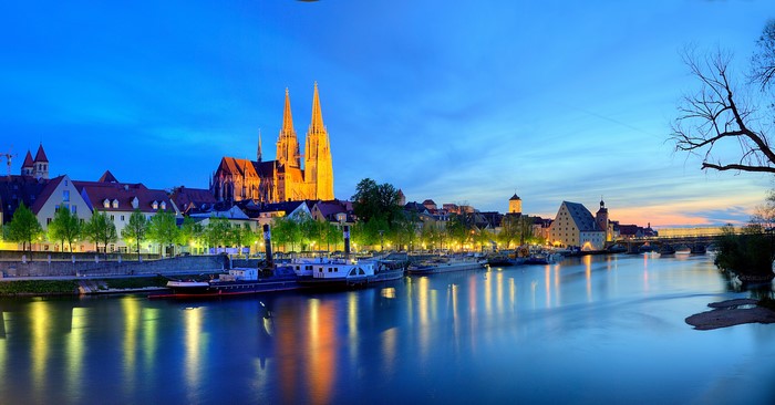 Regensburg Germany Riverfront at Dusk