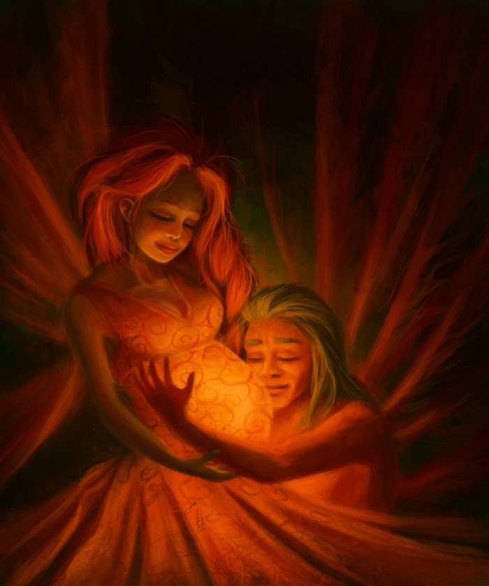 Two fairies embracing a glowing orb