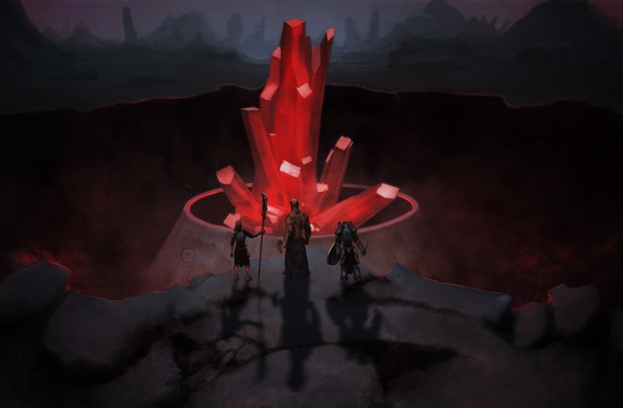 Three warriors stand before a giant red crystal