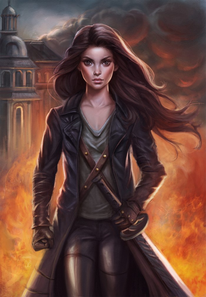 Woman with sword in front of fire and building