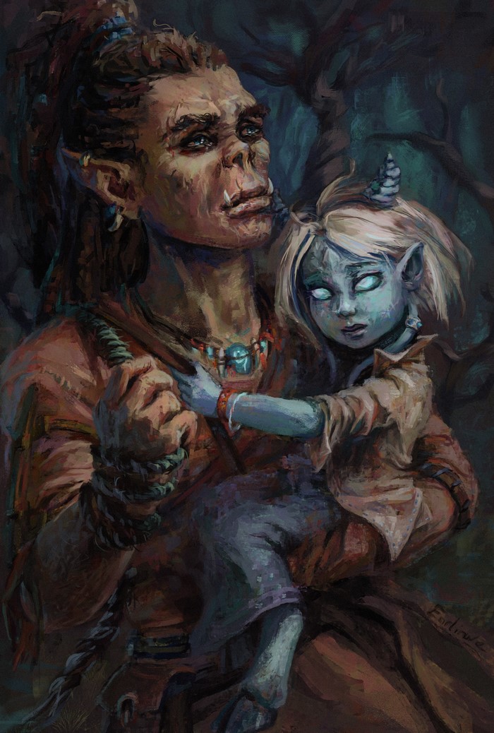 World of WarCraft Orc Holding Child in Dark Forest