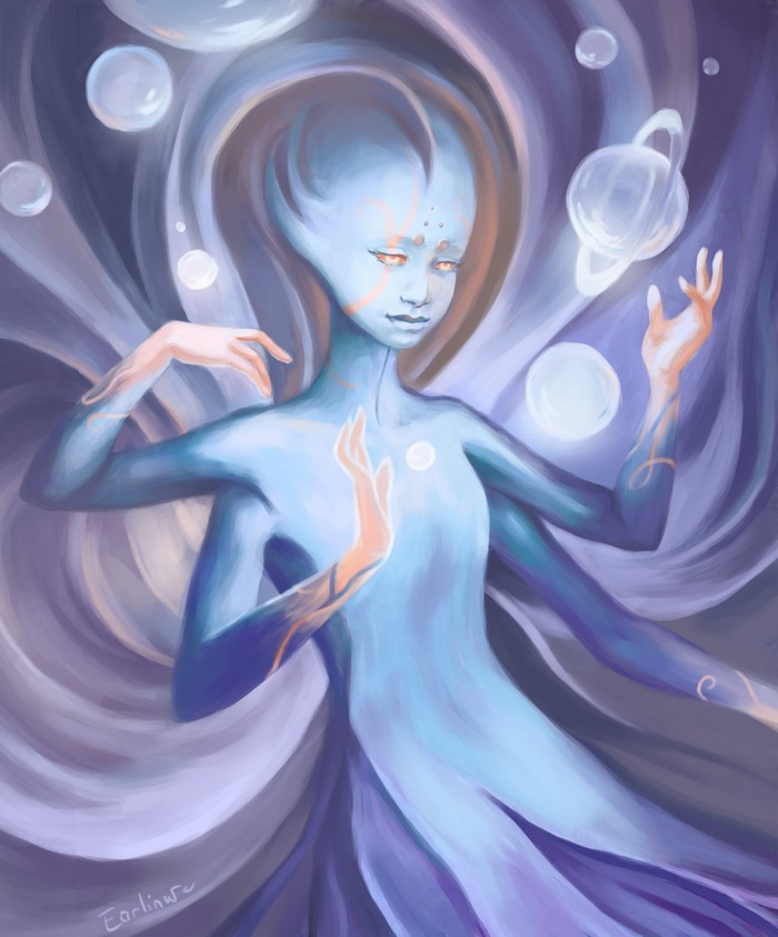 Ethereal being with multiple arms and planets