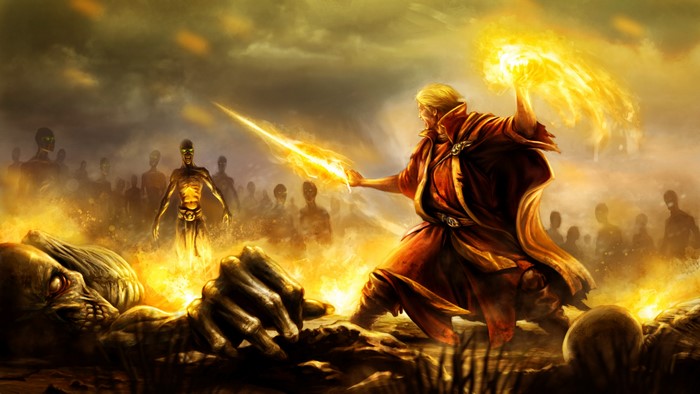 Mage fighting undead with magic sword and fire