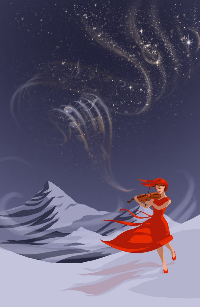 Woman playing violin in snowy landscape under starry sky