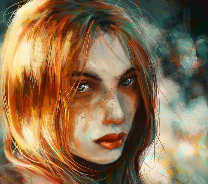 Painting of a redhead girl with freckles