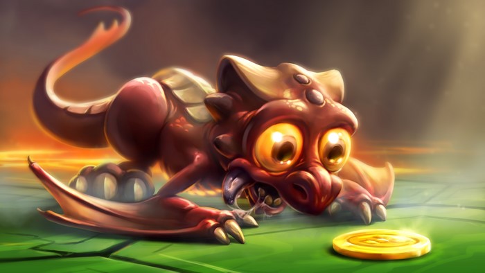 Baby Dragon looking at a gold coin
