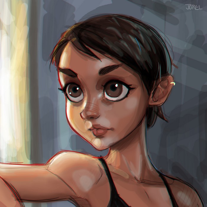 Painting of a brown-haired woman with large eyes