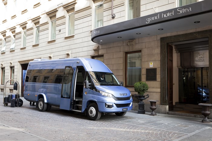 IVECO Daily 70 Chassis Cab light blue bus at Grand Hotel Sitea