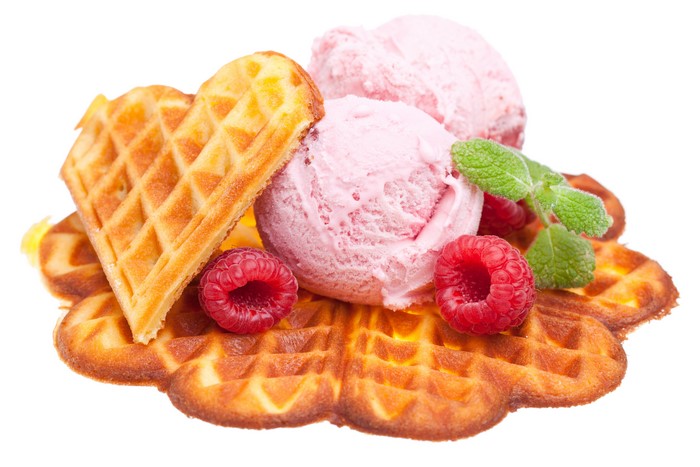 Raspberry ice cream with waffles and raspberries