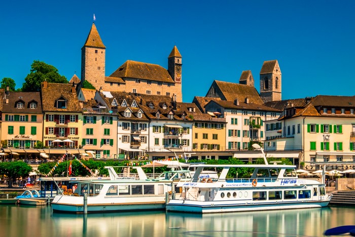 Rapperswil, Switzerland waterfront with boats and historic buildings