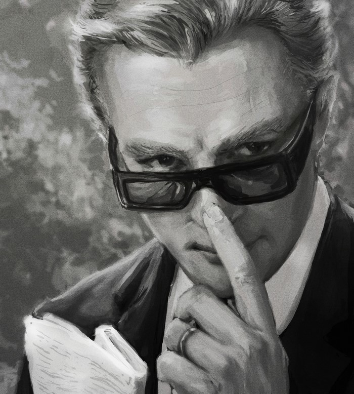Painting of Marcello Mastroianni wearing glasses