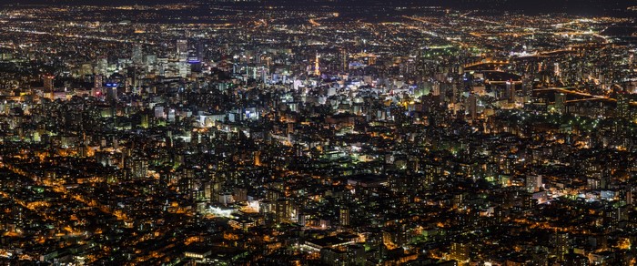 Night cityscape of Sapporo, Hokkaido, Japan from above