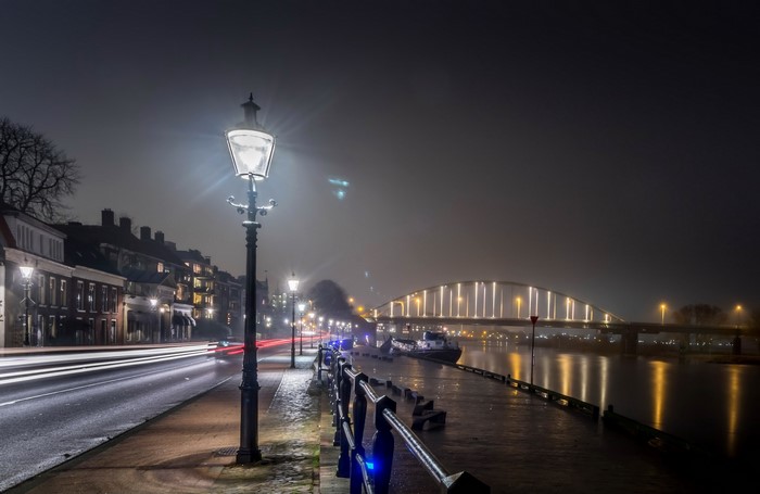 Night view of Deventer, Netherlands with illuminated bridge