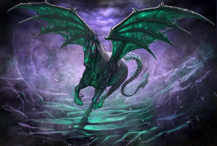 Dark Pegasus with green wings running