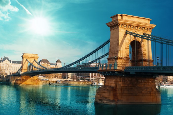 Chain Bridge over Danube River in Budapest, Hungary