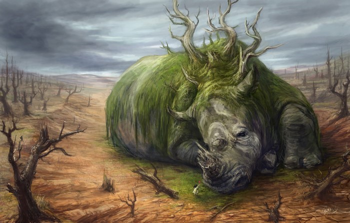 A moss-covered rhino with antlers in a desolate landscape