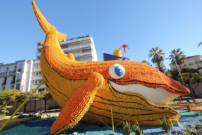 Whale sculpture made of citrus fruits at Lemon Festival Menton, France