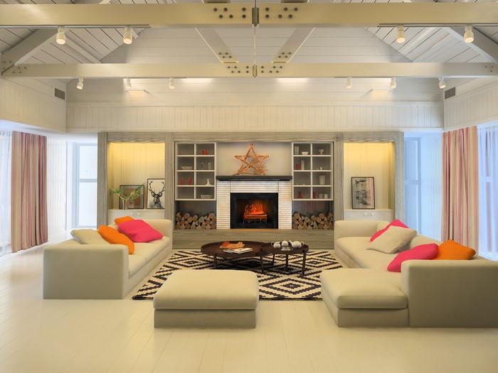 Living room with fireplace and sofas