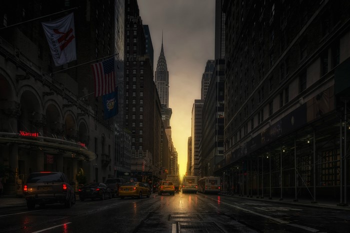New York City Street at Dusk with Chrysler Building