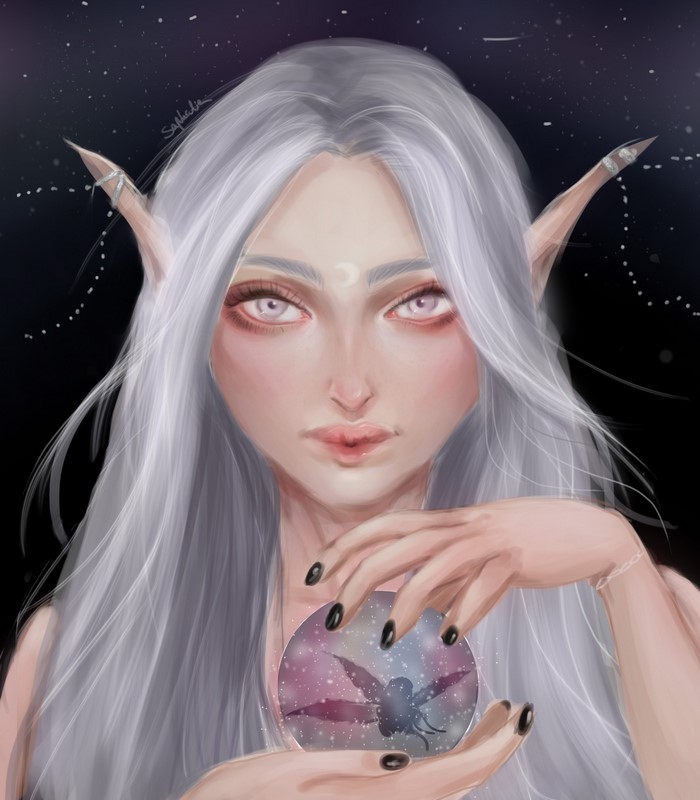 Elf holding a crystal ball with a fairy inside