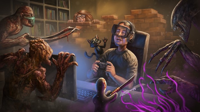 Man playing VR game with monsters attacking