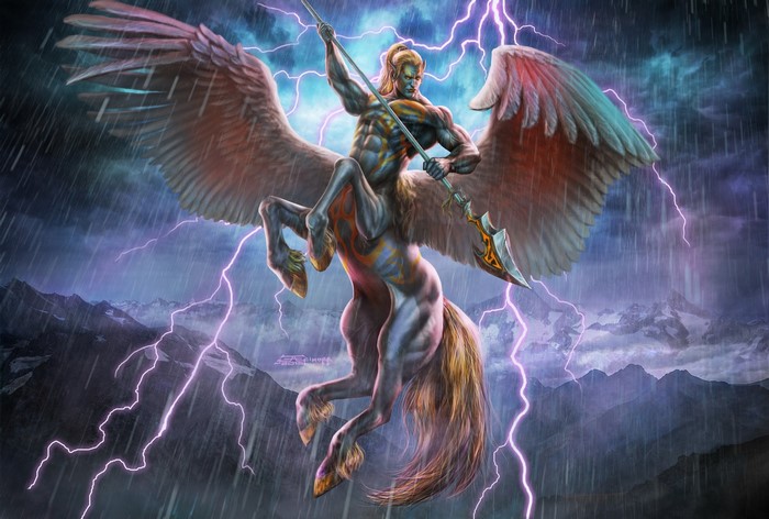 Winged Centaur with Spear in Lightning Storm