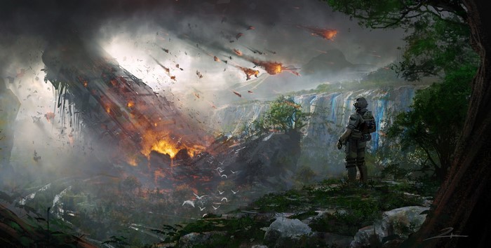 Titanfall 2: Crashed Ship and Soldier Overlooking Waterfall