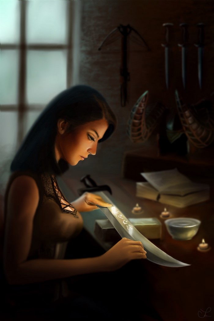 Woman inscribing runes on a sword