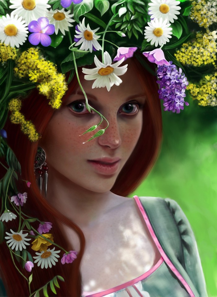 Redhead girl with a flower wreath