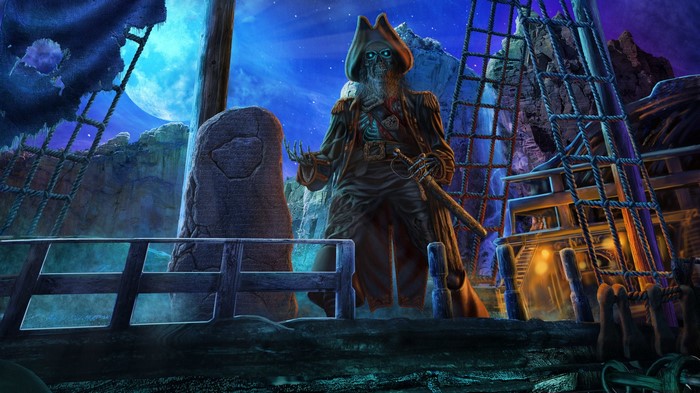 Undead pirate captain on a ship deck at night
