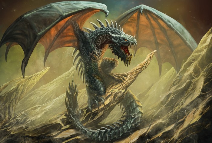 A fearsome dragon with large wings perched on rocky terrain