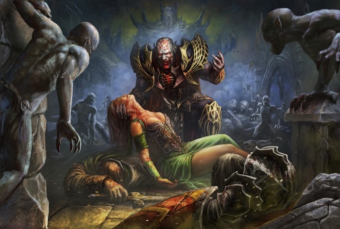 Vampire lord over a fallen woman with monsters around