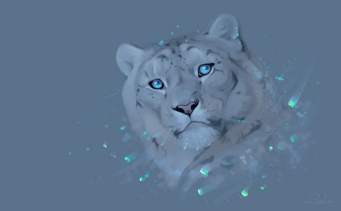 Painting of a snow leopard with blue eyes and glowing particles