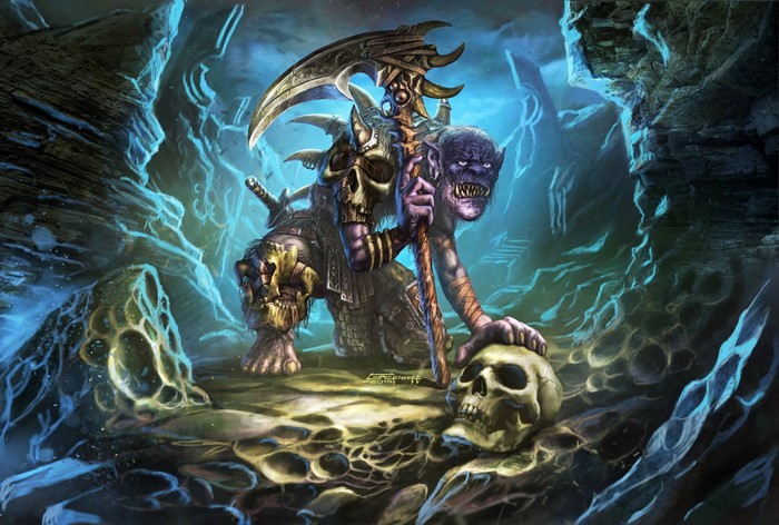 Monster with scythe and skulls in a cave