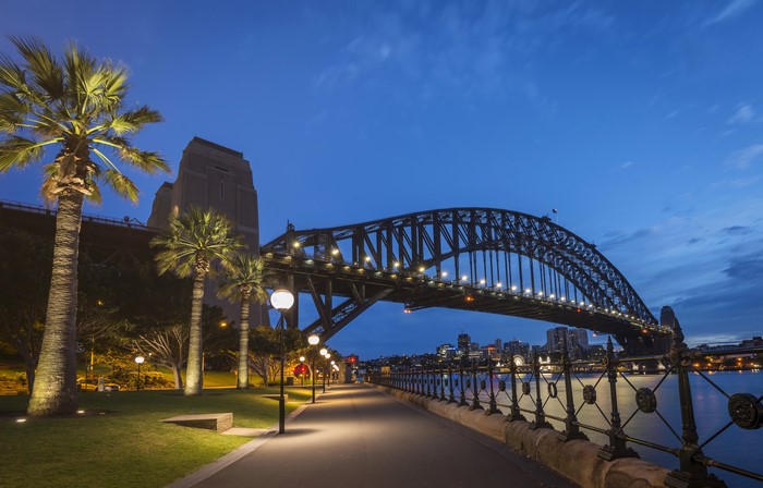 Sydney Harbour Bridge at dusk with palm trees